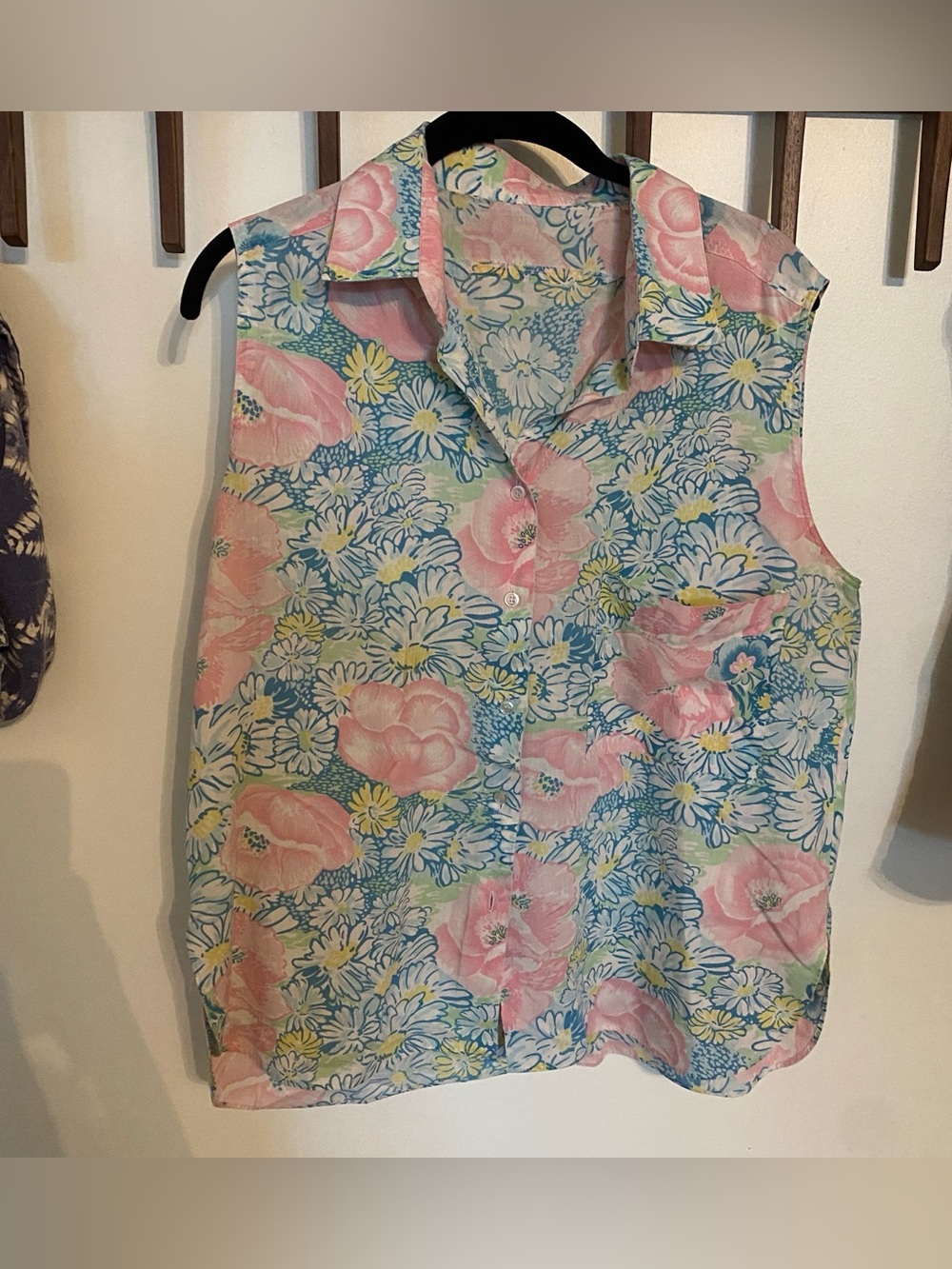 Pastel floral flower button down sleeveless blouse tank top shirt 14
